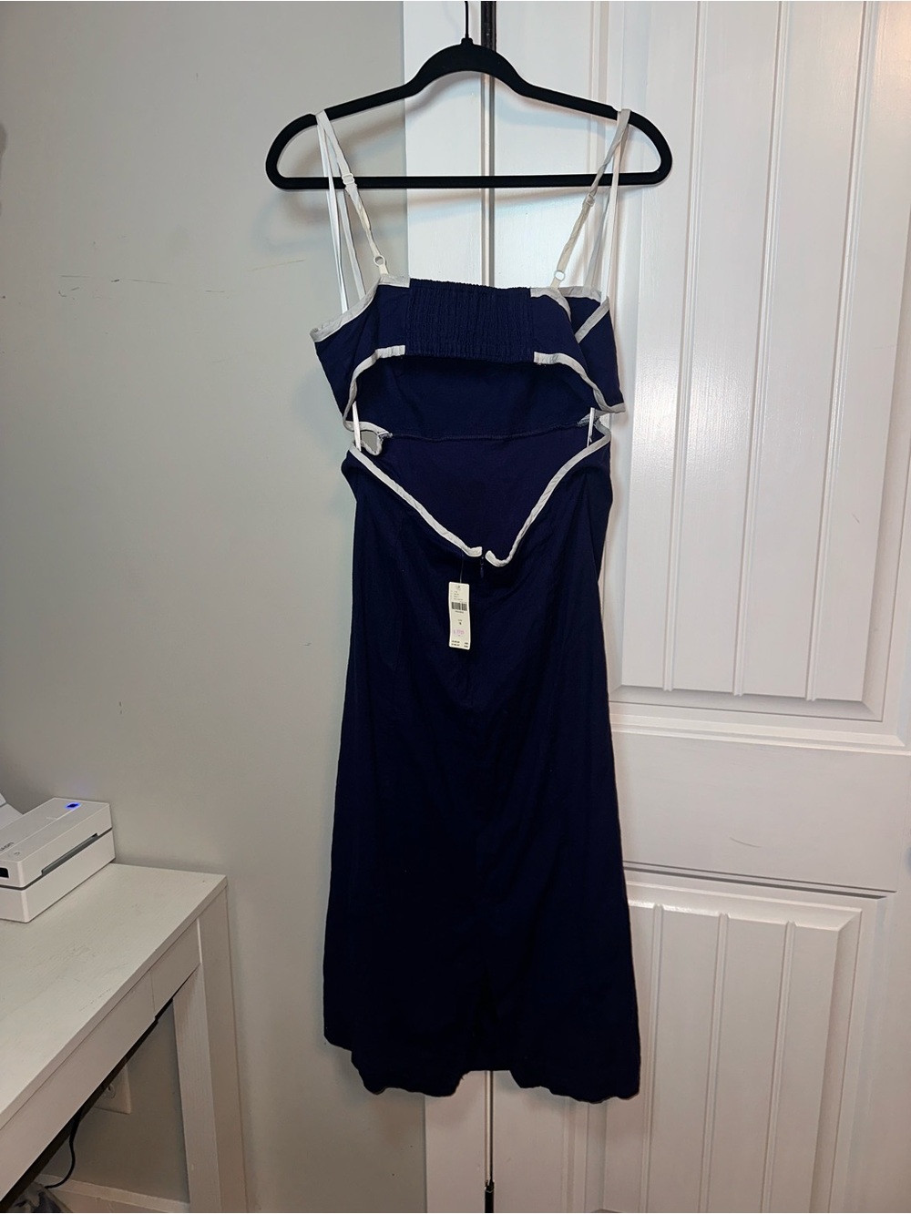 Maeve Anthropologie NWT Linen Size Medium Navy Midi Dress Open Back - Picture 5 of 15